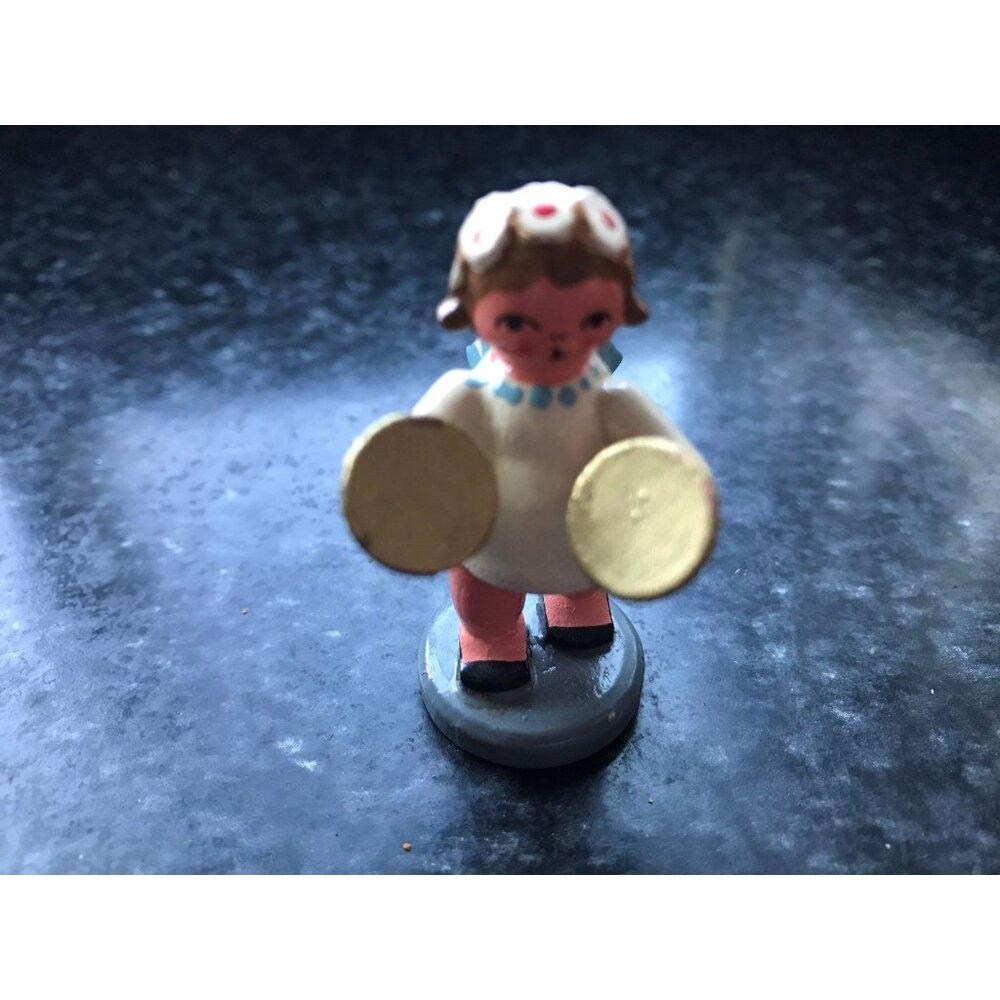 Vintage Christmas Wooden Music Angel Playing The Cymbals Erzgebirge Made In Germ